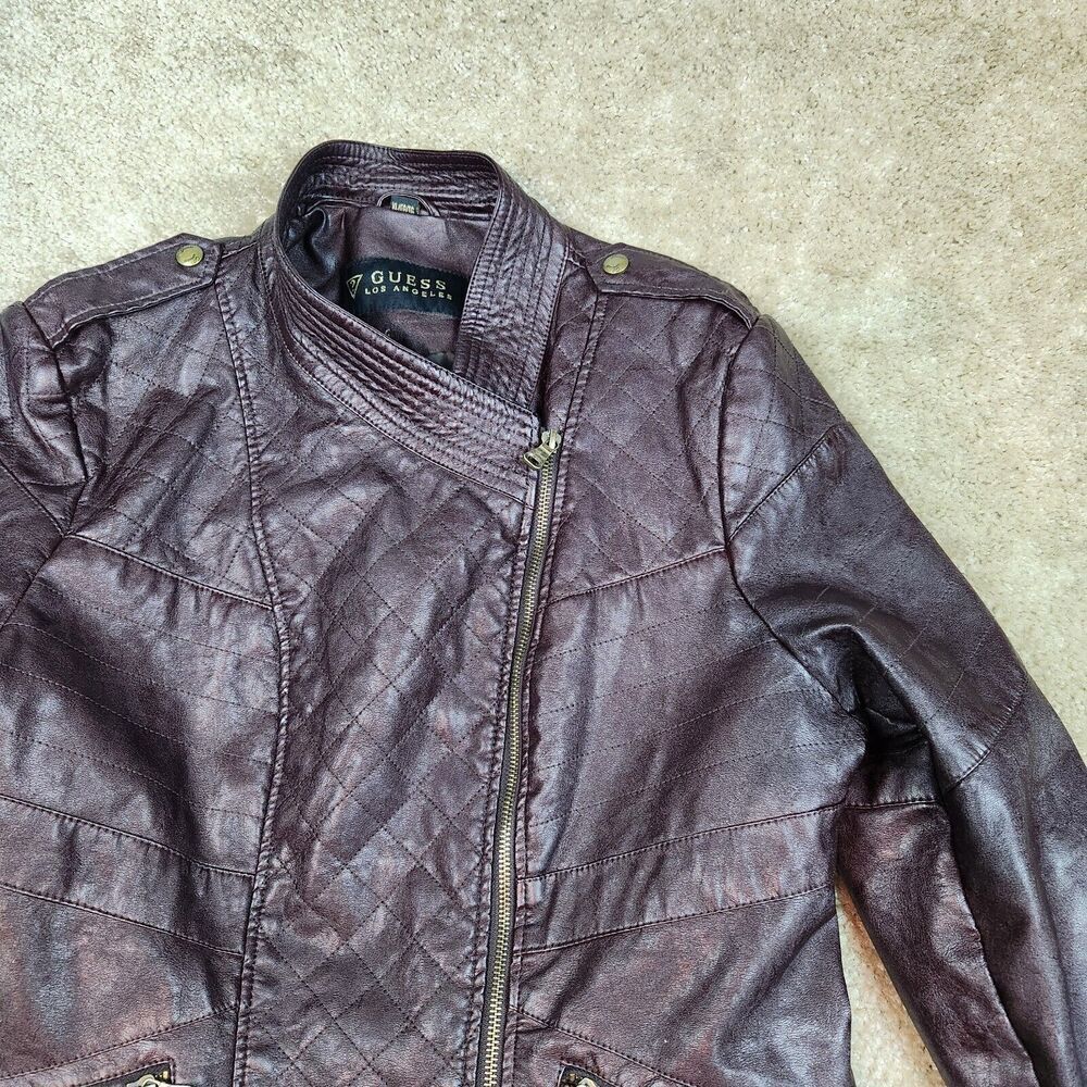 GUESS Los Angeles Women's Cherry Brown Faux Leather Jacket Size XL Vtg Biker